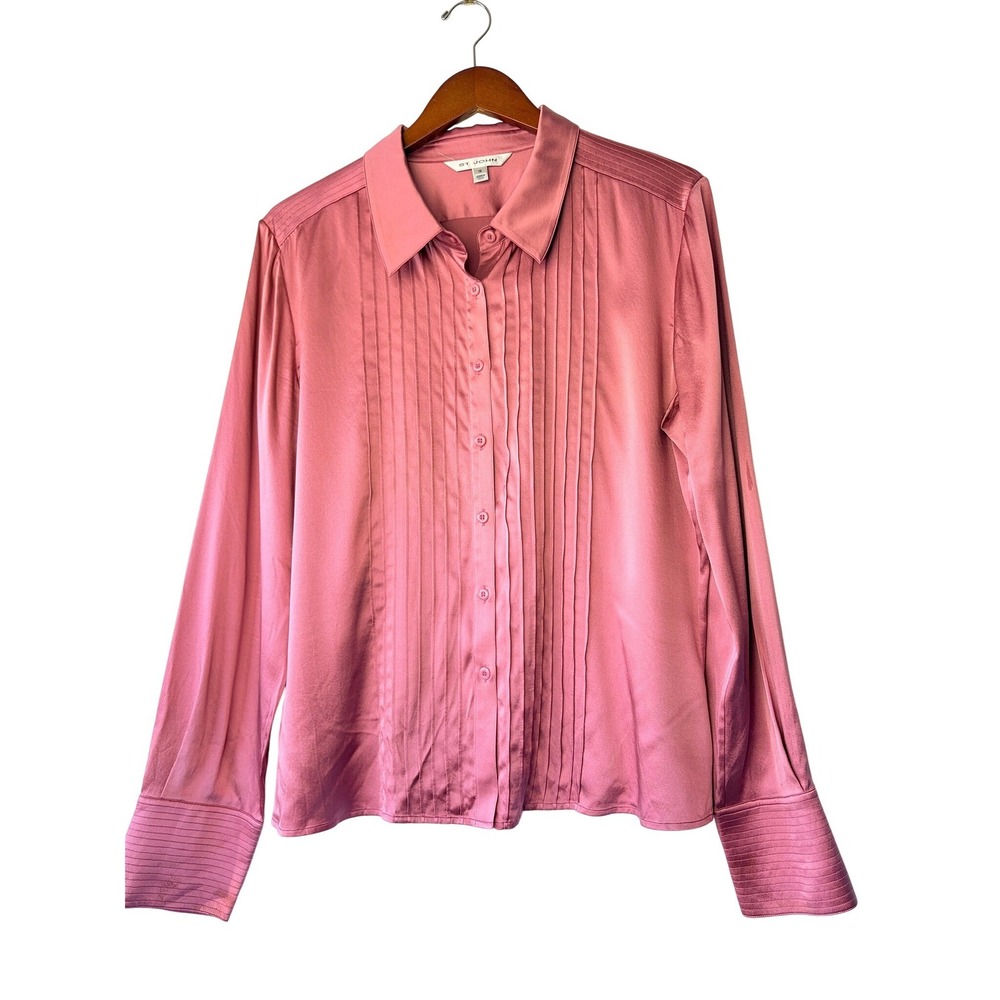 St John Pink Silk Pintuck Pleated Button Down Blouse Lolita Coquette Sz 16